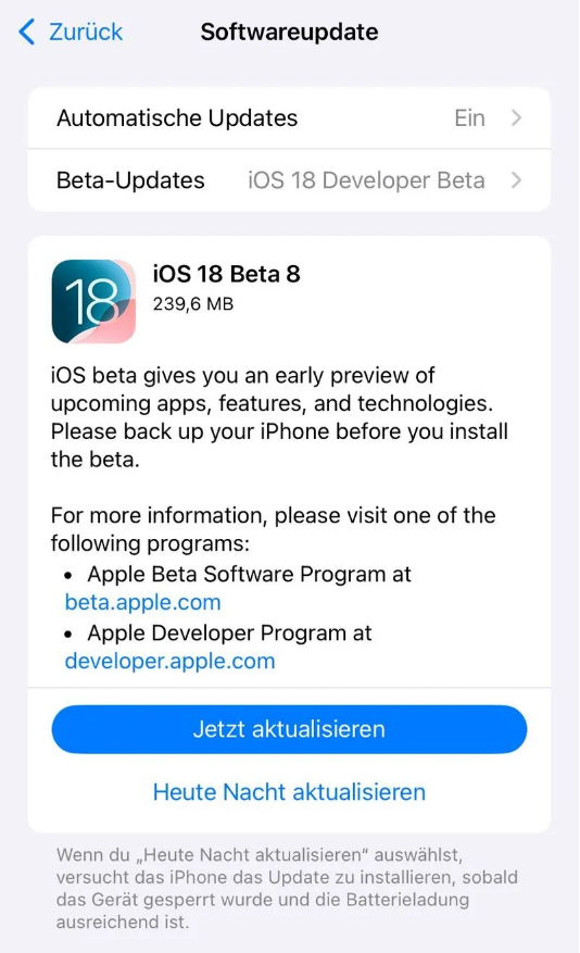 泾川苹果手机维修分享苹果 iOS / iPadOS 18 开发者预览版 Beta 8 发布 